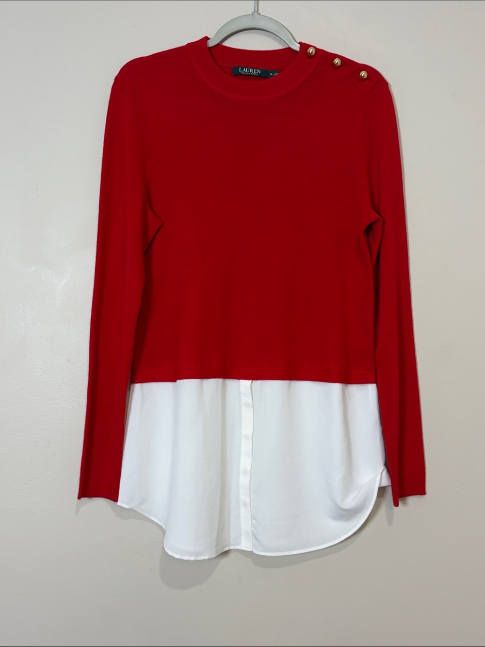 Lauren Ralph Lauren | Wool red sweater faux blouse Women’s size M Red holiday